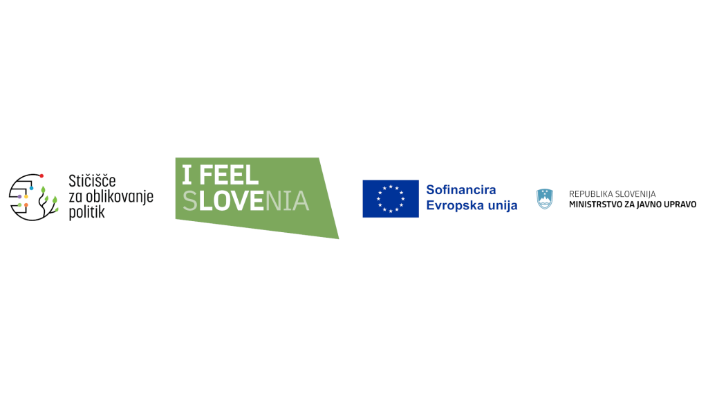 Pasica z logotipi Stičišča za oblikovanje politik, I feel Slovenia, Evropske unije in Ministrstva za javno upravo