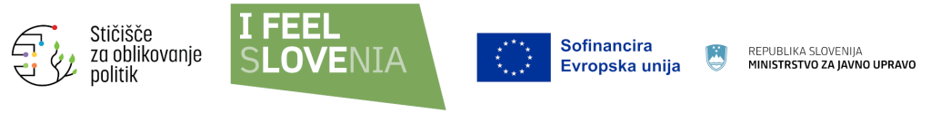 Pasica z logotipi Stičišča za oblikovanje politik, I feel Slovenia, Evropske unije in Ministrstva za javno upravo
